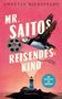 "MR. SAITOS REISENDES KINO", ein Roman, mit einem fliegenden Vogel und einer Filmrolle über einem Leuchtturm, rosa Hintergrund., Buch