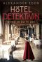"Die Hotel Detektivin: Mord in Suite 204" von Alexander Eden; eine Frau mit rotem Rock im prunkvollen Speisesaal., Buch