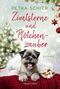 "Zimtsterne und Pfötchenzauber" von Petra Schier. Fröhlicher Hund vor Weihnachtsbaum mit Zimtsternen auf rotem Tuch., Buch