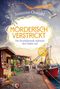 Kriminalroman von Susanne Oswald: "Mörderisch verstrickt". Strickstände an einem Hafen, Vogel, Schere und Wollknäuel., Buch