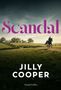 „Scandal“ in großen pinken Buchstaben, darunter „Roman“. Unten „Jilly Cooper“. Eine grünes Hügelpanorama mit Reiter., Buch