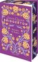 "Julia Quinn Bridgerton, Benedict & Sophie, HarperCollins." Lila Hintergrund, elegante gelbe Blumenmuster mit blauen Ranken., Buch