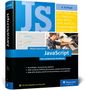 Text: JavaScript, Philip Ackermann, 4. Auflage. Beschreibung: Buchcover mit großem "JS", Code, einem Mann am Laptop., Buch