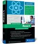 Text: "SPA, Props, Component, Hooks, SSR, TypeScript, Flow, PWA". 
Buchcover: Ein Mann am Computer, React-Logo, modernes Design.