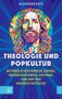 Titel: THEOLOGIE UND POPKULTUR. Buntes Porträt im Mosaikstil, blauer Hintergrund mit Strahlen., Buch