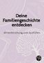 "Deine Familiengeschichte entdecken. Ahnenforschung zum Ausfüllen." Hintergrund: stilisierte Baum- und Rahmenzeichnungen., Buch