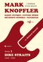 Text: "MARK KNOPFLER, L'analyse d'une œuvre, Barde Celtique, Guitare Héros, TOME 1 DIRE STRAITS 1949–1995."  
Grafik: Abstrakte rote Gitarre., Buch