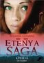 "Susanne Leuders, Etenya Saga: Onida, Die Ersehnte." Nahaufnahme eines Gesichts mit grünen Augen, umhüllt von rotem Stoff., Buch