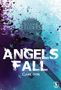 "ANGELS FALL, Game over, Susanne Leuders" auf blau-violetter Aquarelltextur mit Schmetterlingen., Buch
