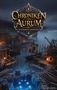 "Chroniken von Aurum: Valdarin erwacht." Eine mittelalterliche Hafenstadt bei Nacht, leuchtende blaue Augen im Wasser., Buch