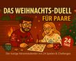 „Das Weihnachts-Duell für Paare, 24 Tage.“ Zwei Personen spielen Tic-Tac-Toe, Kaminfeuer im Hintergrund. Gemütliche Atmosphäre., Buch