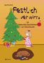 „Festlich verwirrt: 14 liebevolle Geschichten zur Adventszeit“. Illustration: Kind am Weihnachtsbaum, Hund schläft., Buch