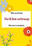 Text: "Mila van Kirsche", "Vivi & Sam unterwegs", "Sam war zu neugierig". Bunte Blumen auf gelbem Hintergrund.