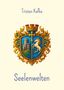 "Tristan Kafka", "Seelenwelten". Wappen mit goldenen Verzierungen, Burg und Pferd in Blau, oben rote Türme., Buch