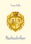 Text: "Tristan Kafka Nachtschriften". Illustration: Ein Wappen mit einem Turm und einem Pferd, umrahmt von goldenen Ornamenten., Buch