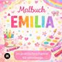 "Malbuch EMILIA, im praktischen Format für unterwegs." Buntstifte, Blumen, Herzen und ein Regenbogen verzieren es., Buch