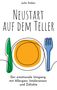 "Neustart auf dem Teller" von Julia Stüber. Illustration: Teller mit Messer und Gabel, minimalistisch gestaltet., Buch