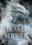 Text: "SKADI J. RUNE", "DUNKELSCHWUR", "BLUTASCHE". Ein weißer Drache über einer dunklen Krone, umgeben von Nebel., Buch