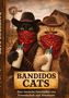 Titel: Bandidos Cats. Zwei Katzen im Cowboy-Outfit mit roten Bandanas, Halfter und Milchflaschen, vor einer ländlichen Kulisse., Buch