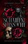 Text: "Schatten der Sehnsucht", "Summer Collins", "Der Beginn der Dunkelheit". 
Motiv: Motorrad, rote Rosen, Totenkopf., Buch