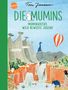 Cover: "DIE MUMINS MUMINVATERS WILD BEWEGTE JUGEND". Illustration: Wasserfall, Luftballon, Fantasiewesen.