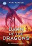 Titel: "Dawn of the Dragons". Ein Drache auf einer Brücke trifft auf einen Jungen beim Sonnenuntergang.