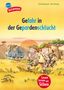 "Gefahr in der Gepardenschlucht" und "Lesen lernen mit Silben". Zwei Kinder rennen mit einem Affen, ein Jeep folgt., Buch