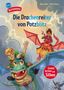 "Die Drachenreiter von Potzblitz" in bunten Buchstaben, Kinder reiten farbige Drachen, umgeben von Wolken und Blitzen., Buch