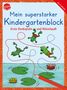 Text: "Mein superstarker Kindergartenblock: Erste Denkspiele und Rätselspaß." Illustration: Frösche springen über Seerosen., Buch