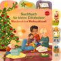 "Suchbuch für kleine Entdecker. Wunderschöne Weihnachtszeit." Ein Gemälde: Familie öffnet Geschenke neben geschmücktem Baum., Buch