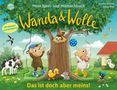 "Mein Spiel- und Mitmachbuch", "Wanda & Wolle", "Das ist doch aber meins!". Zwei Tiere spielen mit einem Ball unter einem Baum., Buch