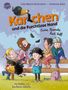 "Karichen und die Furchtlose Hand. Eine Bande hat Zoff." Illustration: Kinder sitzen auf einer Bank. Ein Huhn trägt eine Socke., Buch