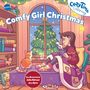 „Comfy Girl Christmas“ in blauen Buchstaben. Gemütliches Wohnzimmer mit Mädchen, Katze, Weihnachtsbaum und warmen Dekorationen., Diverse