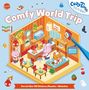 "Comfy World Trip" und "Set mit über 150 Stickern, Pinzette + Malseiten" sind die Haupttexte. Eine süße Cafészene mit Tierfiguren., Diverse