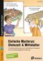 Zwei Kinder betrachten mittelalterliche Szenen. Text: "Welches Problem gibt es in der mittelalterlichen Stadt?", "Warum springt eine Ziege im Langhaus herum?" Cover eines Buches mit dem Titel "Einfache Mysterys: Steinzeit & Mittelalter"., 1 Buch und 1 Diverse
