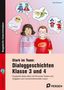 "Stark im Team: Dialoggeschichten Klasse 3 und 4." Zwei Kinder mit Gedankenblasen, gefüllt mit Superhelden und Fantasiefiguren., 1 Buch und 1 Diverse