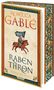 "Rebecca Gablé, Raben Thron, Historischer Roman, Lübbe." Illustration: Reiter auf rotem Pferd mit Fahne, goldener Rand., Buch