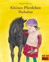 "Kleines Pferdchen Mahabat" steht in lila Schrift auf gelbem Hintergrund. Ein Kind streichelt ein schwarzes Pony., Buch