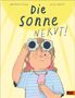 Oben steht "Die Sonne nervt!". Ein Mädchen mit Eiscreme und Blümchensonnenbrille steht unter der Sonne, die sie blendet.