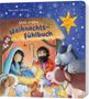 „Mein erstes Weihnachts-Fühlbuch“. Illustration einer Krippenszene mit Maria, Josef, Jesuskind und vielen Tieren., Buch