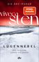 "Die Åre-Morde" oben, "LÜGENNEBEL" groß unten, roter Himmel über schneebedeckter Landschaft, dtv Logo., Buch