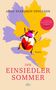 "Anne Sverdrup-Thygeson, Der Einsiedler Sommer, Roman. Ein bunter Käfer vor lila und gelben Blattformen, dtv Logo."