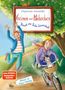 Buchtitel: "Grimm und Möhrchen - Besuch von Tante Camembert". Illustration zeigt einen Mann, ein Kind auf einem Fahrrad mit einem Esel im Korb., Buch
