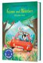 "Grimm und Möhrchen düsen los" steht auf dem Cover mit grünen Bäumen. Ein Esel und ein Tier im roten Auto, Blumen am Weg., Buch