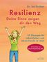 Titel: "Resilienz - Deine Sinne zeigen dir den Weg". Illustration einer fröhlichen Frau mit erhobenen Armen., Buch