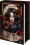 "DEATH'S DAUGHTER" von S. A. Barnes. Illustration: Frau mit dunklem Haar, Rabe, rote Rosen, düstere Atmosphäre., Buch