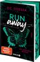 Text: "D.C. Odesza", "Run away", "Roman", "Ich lasse dich bluten!", "Knaur", "Cover to be revealed". 
Illustration: geometrische Schlange.