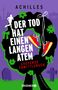"Der Tod hat einen langen Atem. Laufende Ermittlungen." Silhouetten von Sportler und Turnschuhen vor einem lila Hintergrund., Buch