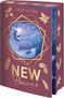 Titel: "NEW Horizons" von LILLY LUCAS. Buchcover in Bordeaux mit goldenen Blattmustern und einem winterlichen Gemälde., Buch