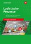 „Logistische Prozesse“ in Weiß auf Grün. „Berufe der Lagerlogistik“ auf rotem Band. Lagerhalle mit Symbolen., Buch